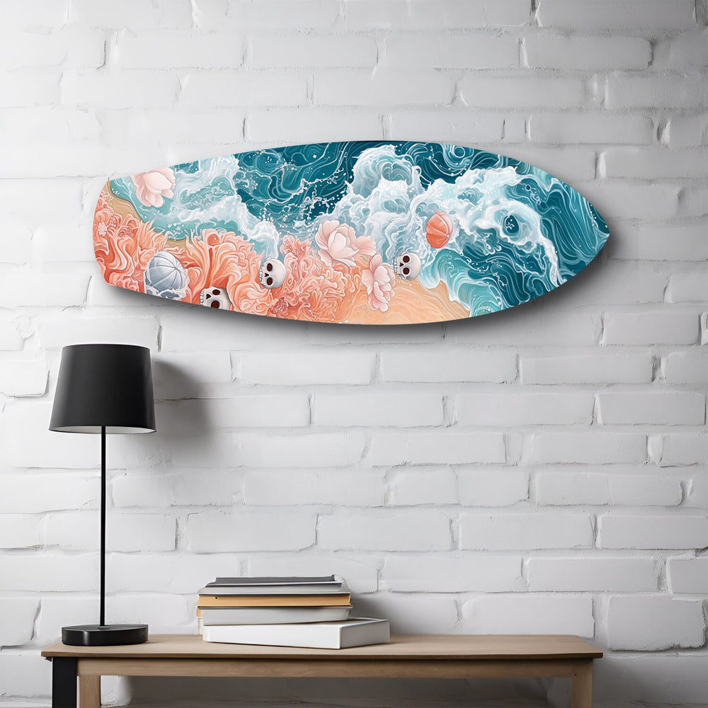 Skulls and Roses Ocean Waves Glass Wall Art.