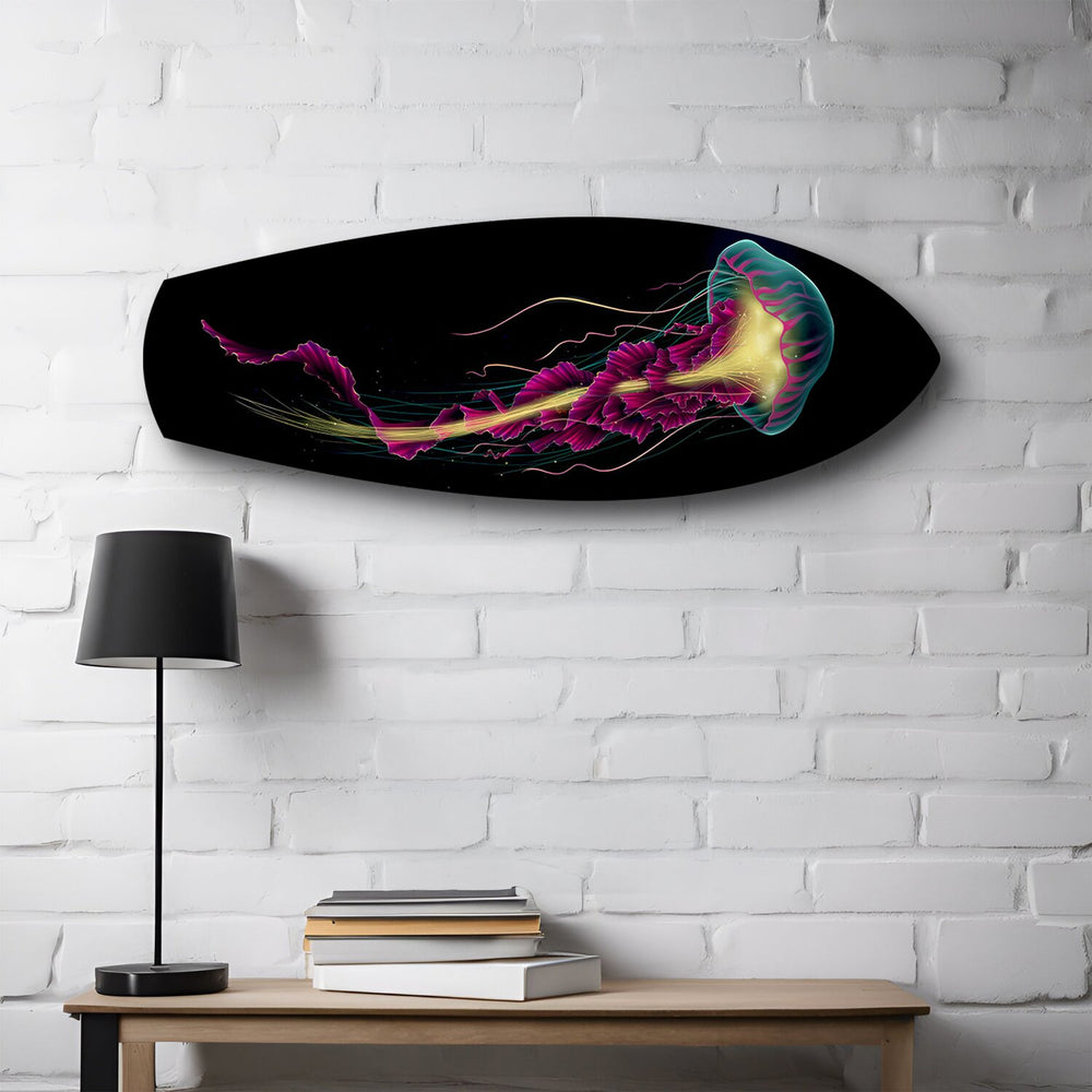 Neon Jellyfish on Black Glass Wall Art.
