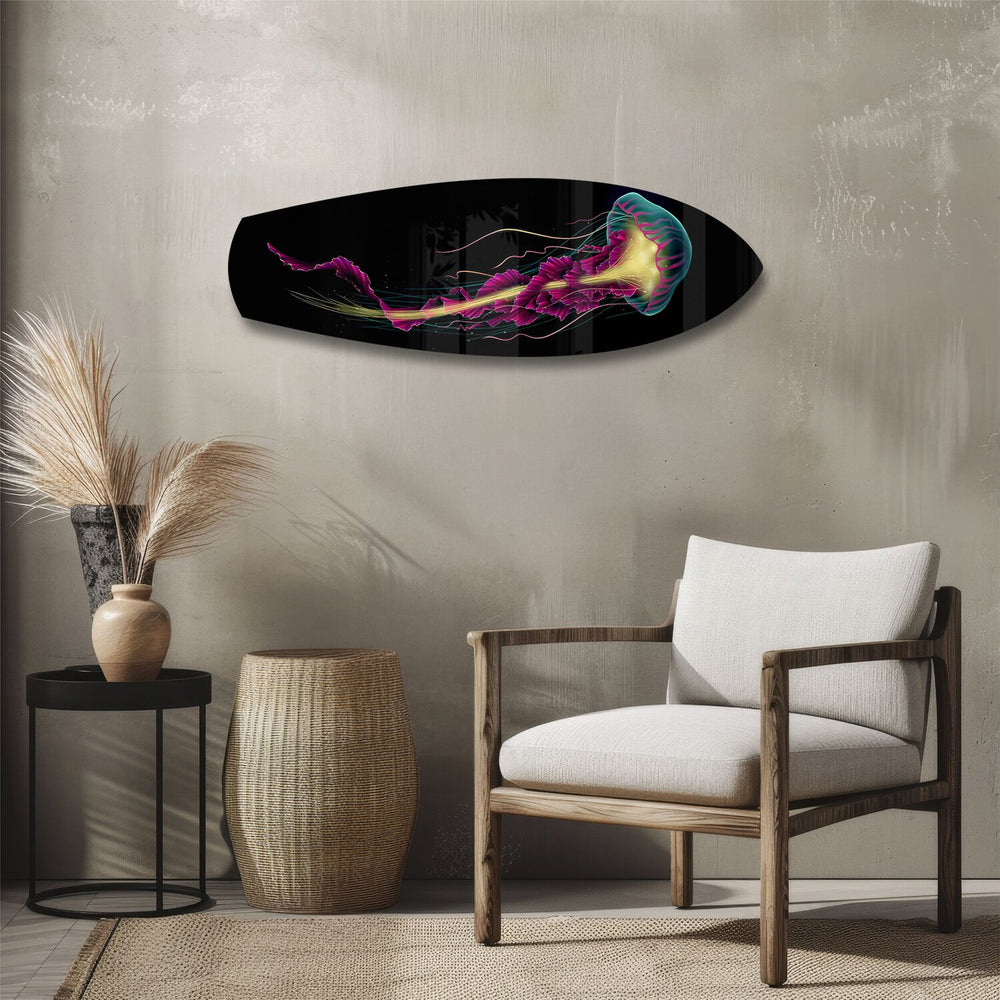 Neon Jellyfish on Black Glass Wall Art.