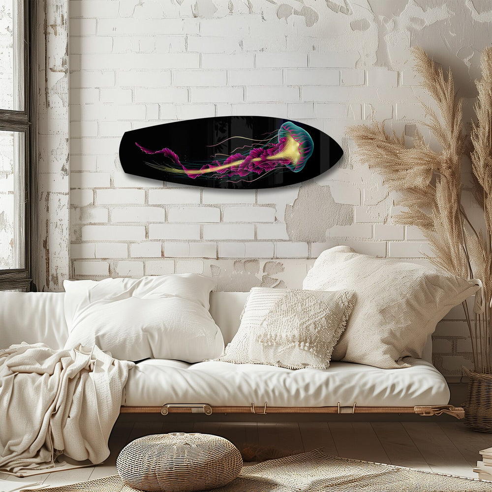 Neon Jellyfish on Black Glass Wall Art.