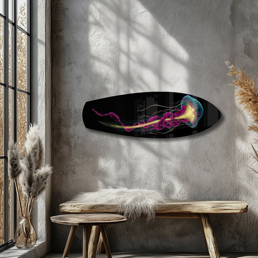 Neon Jellyfish on Black Glass Wall Art.