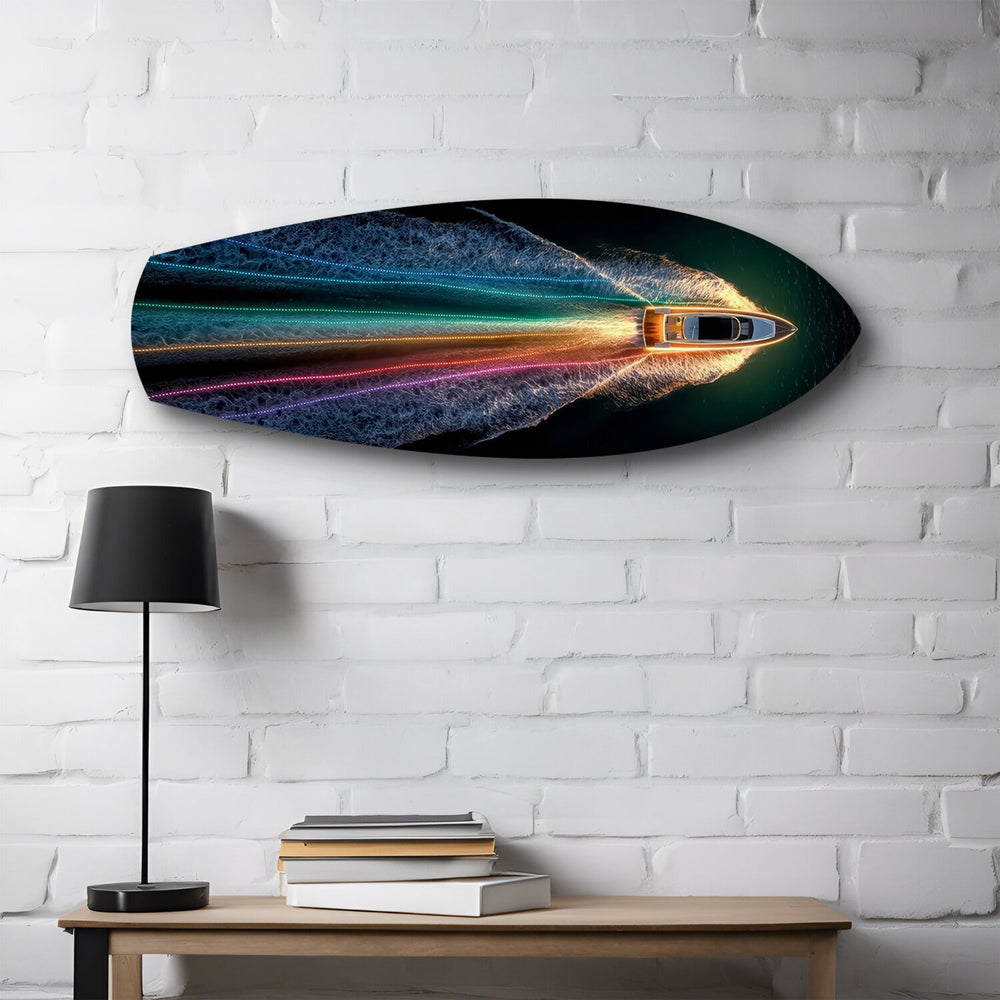 Speedboat Rainbow Light Trails Glass Wall Art.