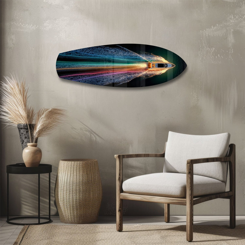 Speedboat Rainbow Light Trails Glass Wall Art.