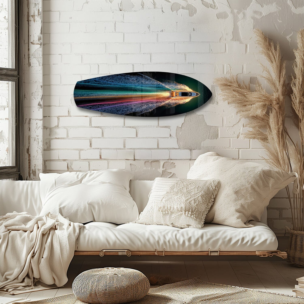Speedboat Rainbow Light Trails Glass Wall Art.