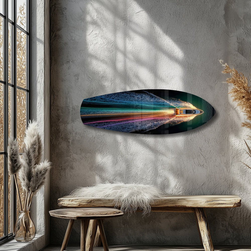 Speedboat Rainbow Light Trails Glass Wall Art.