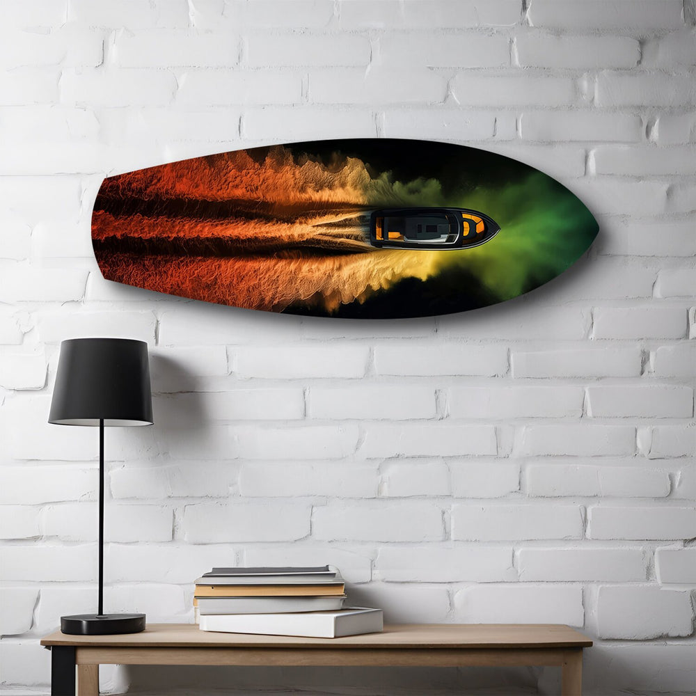 Speedboat Fire and Smoke Trails Glass Wall Art.