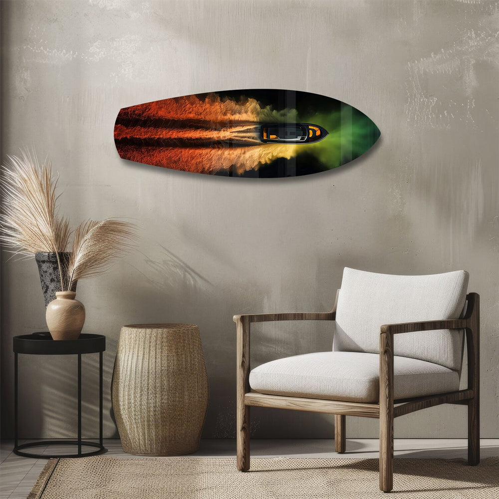Speedboat Fire and Smoke Trails Glass Wall Art.