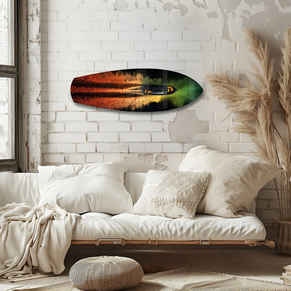 Speedboat Fire and Smoke Trails Glass Wall Art.