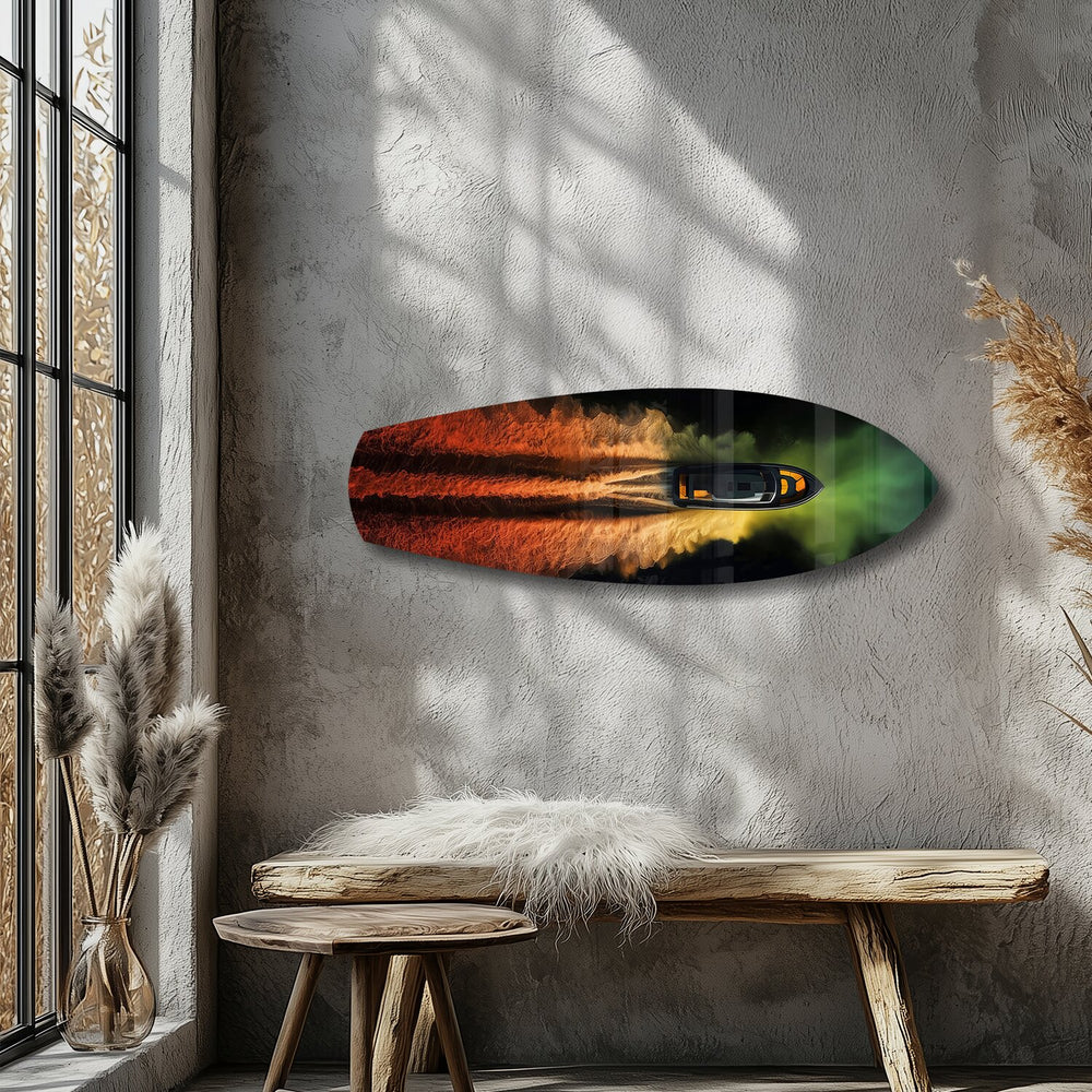 Speedboat Fire and Smoke Trails Glass Wall Art.