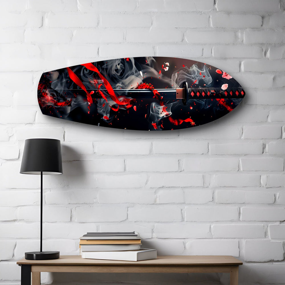 Samurai Katana with Cherry Blossoms Glass Wall Art.