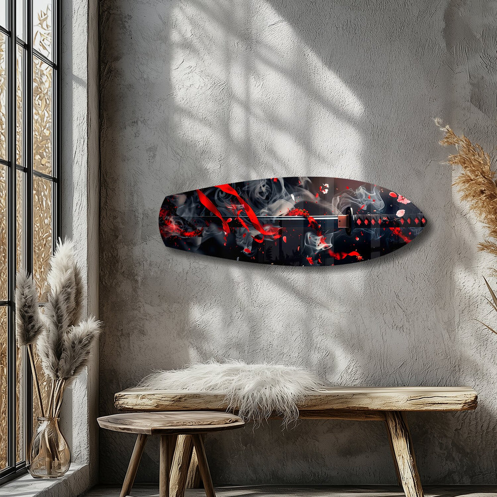 Samurai Katana with Cherry Blossoms Glass Wall Art.