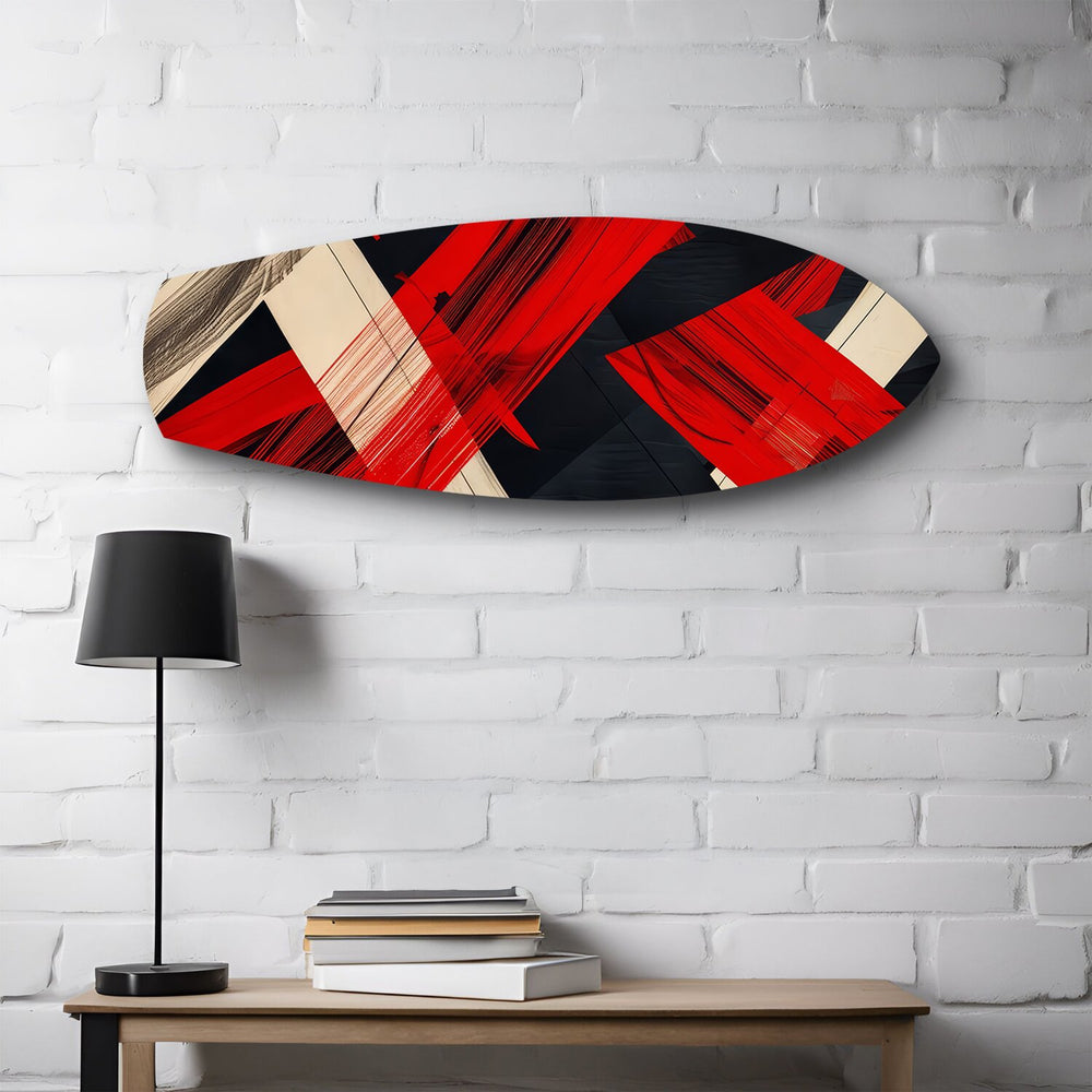 Red Black Geometric Brushstroke Glass Wall Art.