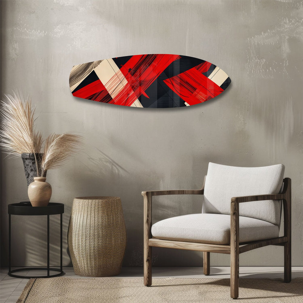 Red Black Geometric Brushstroke Glass Wall Art.