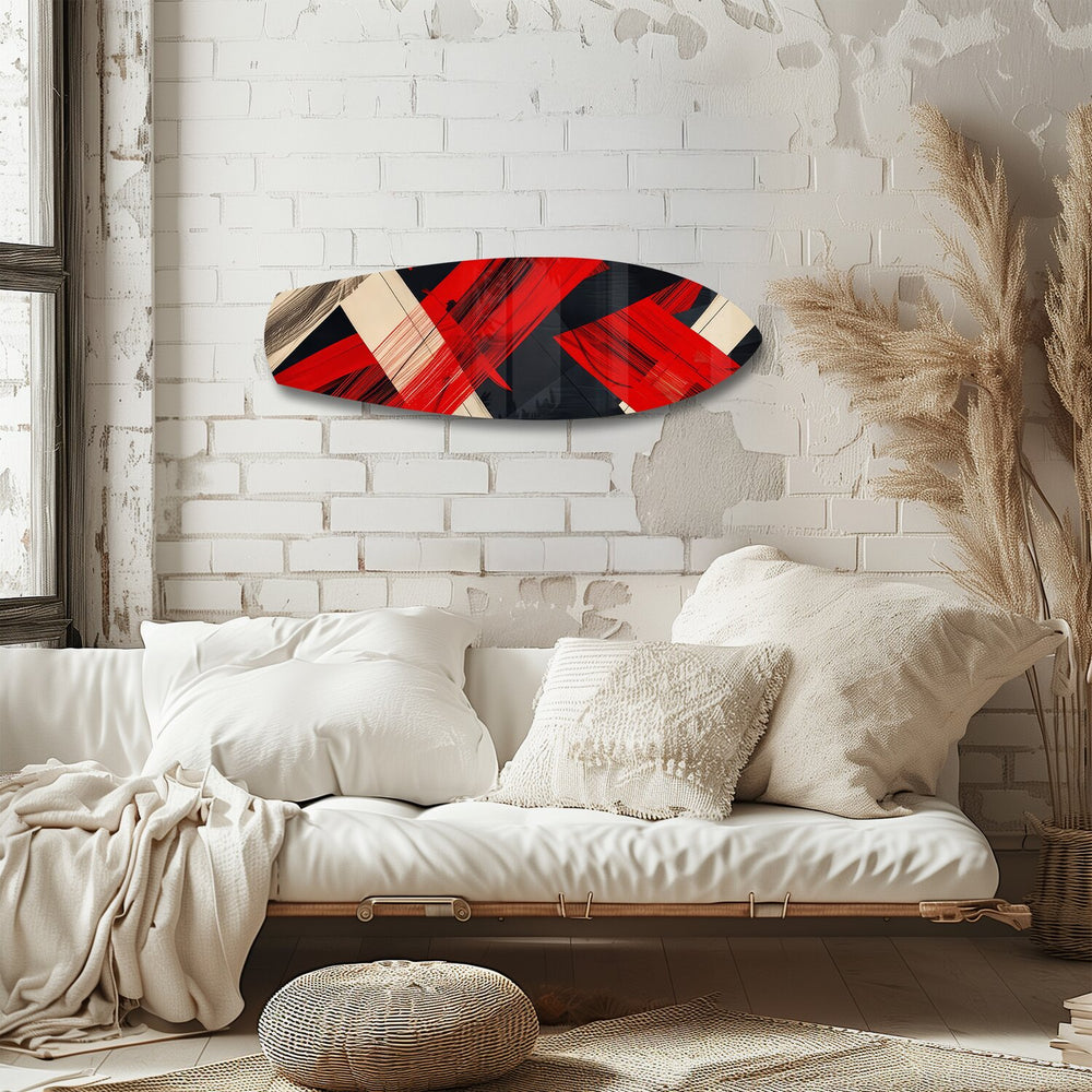 Red Black Geometric Brushstroke Glass Wall Art.