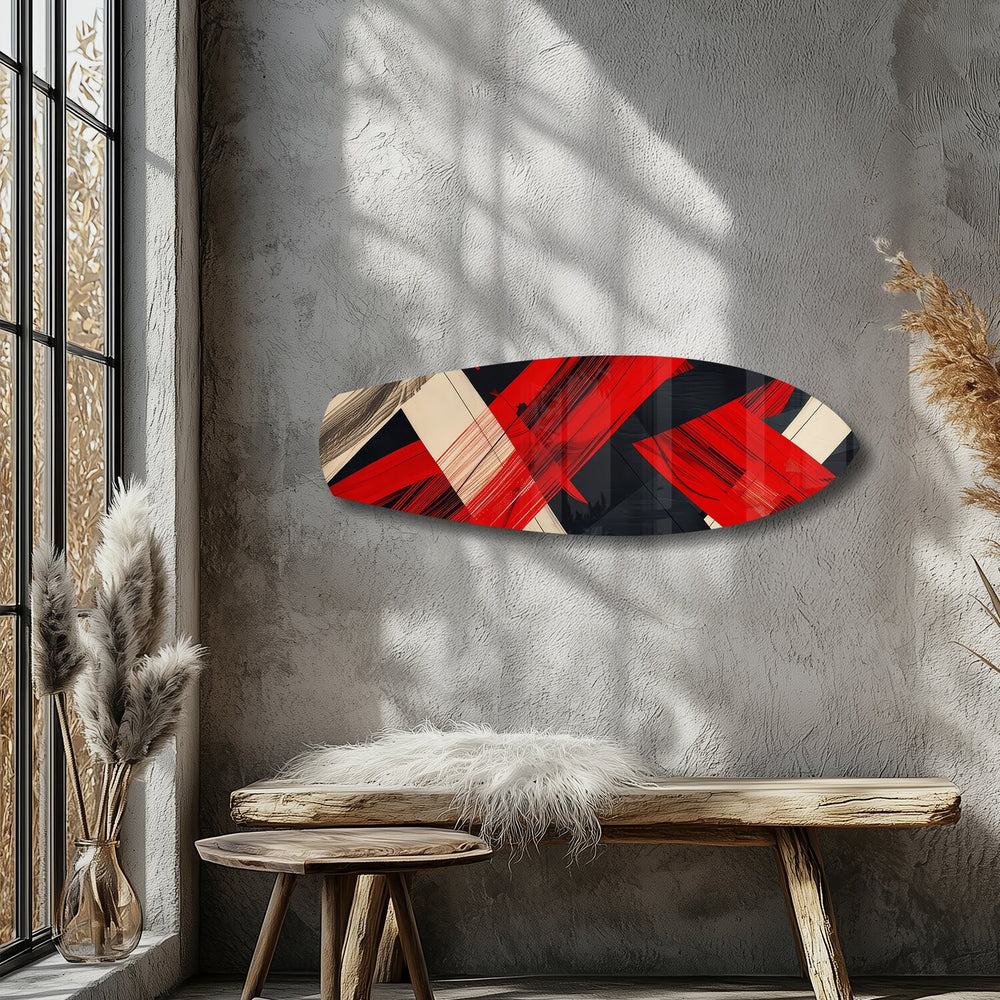 Red Black Geometric Brushstroke Glass Wall Art.