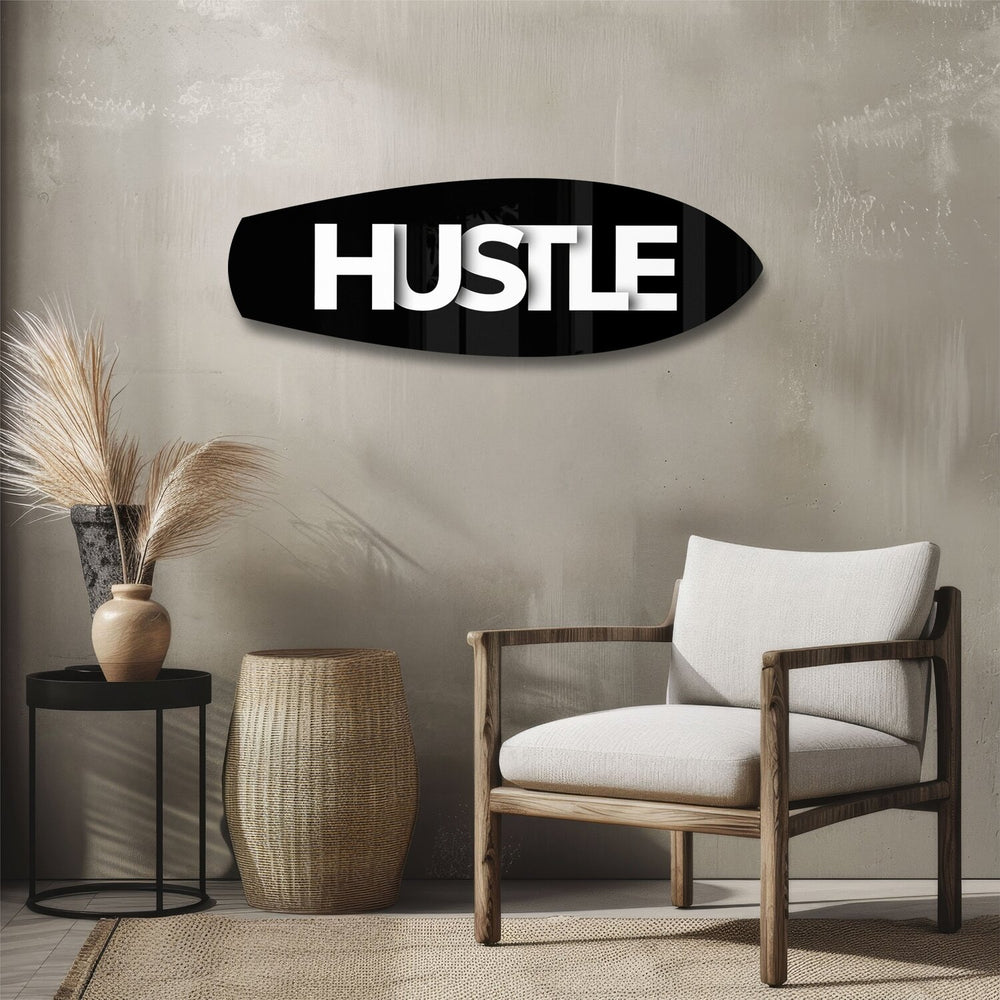 Hustle Typography Motivational Glass Wall Art.