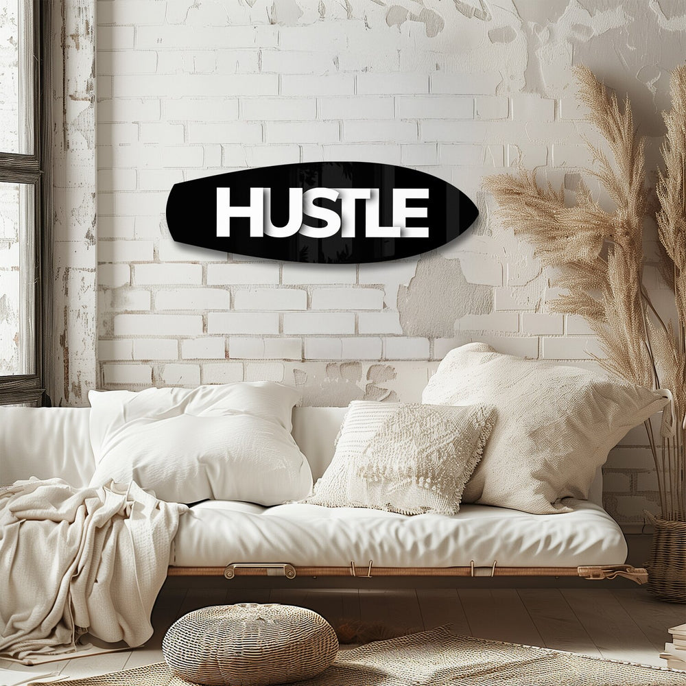 Hustle Typography Motivational Glass Wall Art.