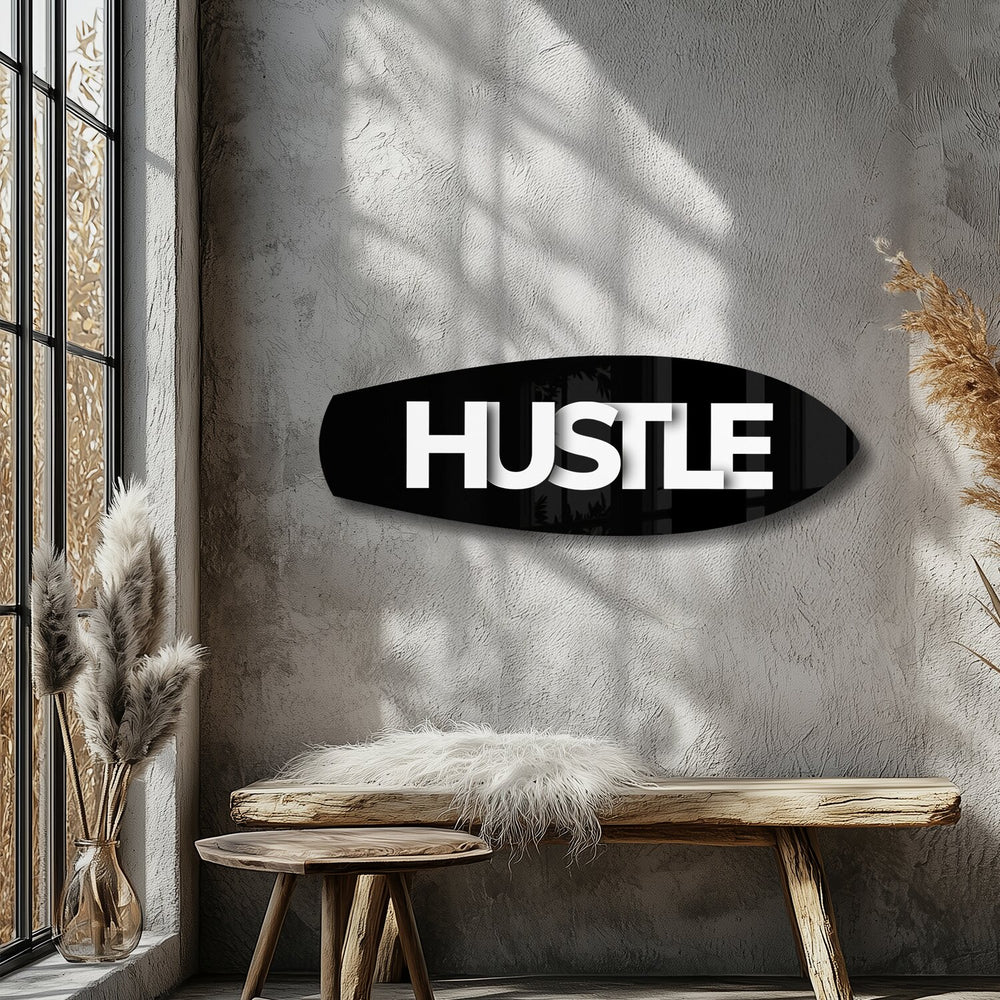 Hustle Typography Motivational Glass Wall Art.