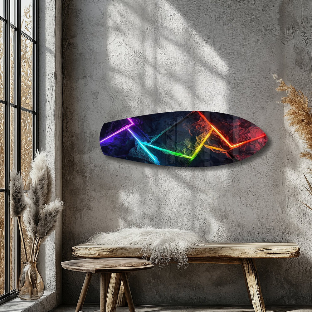 Neon Rainbow Lines Stone Abstract Glass Wall Art.