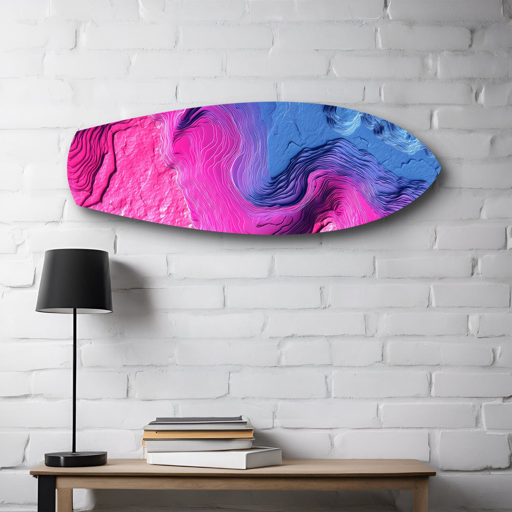 Pink Blue Topographic Wave Abstract Glass Wall Art.