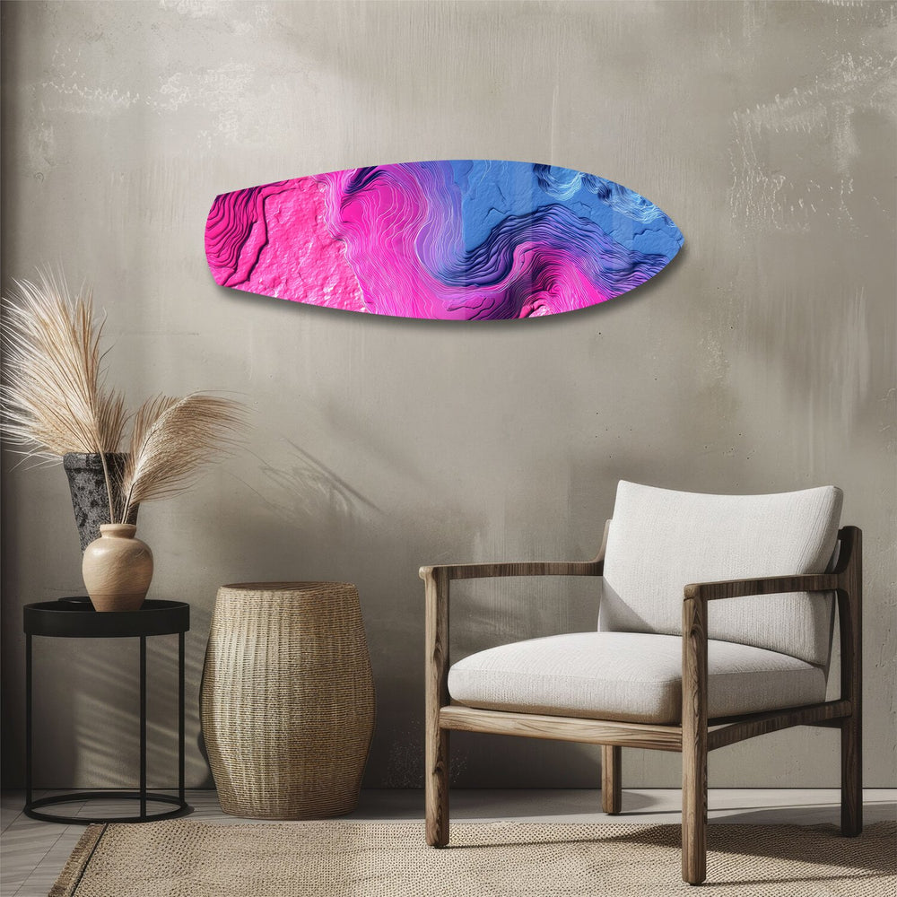 Pink Blue Topographic Wave Abstract Glass Wall Art.