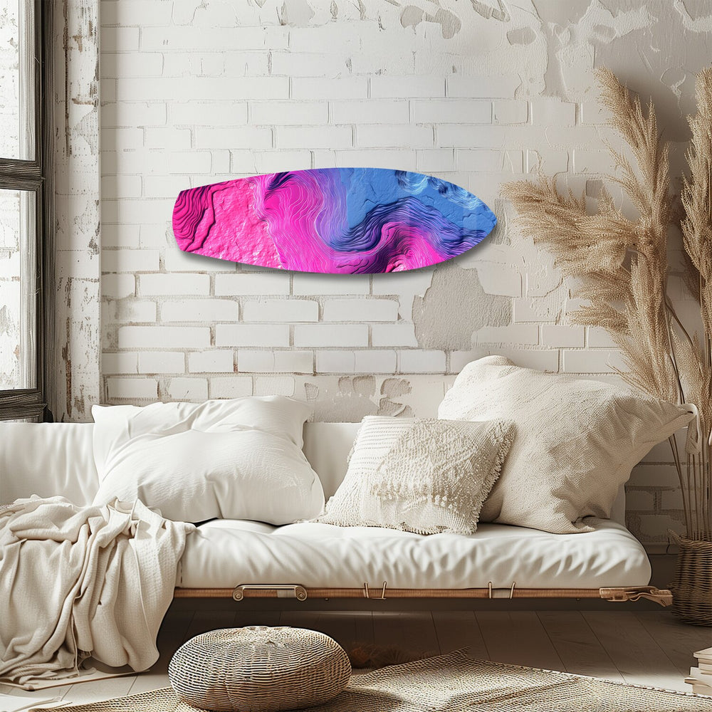 Pink Blue Topographic Wave Abstract Glass Wall Art.