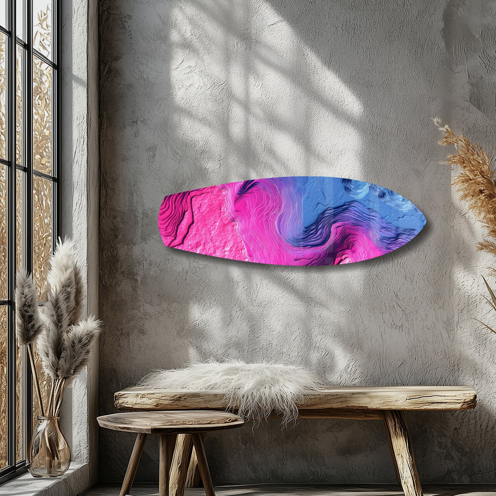 Pink Blue Topographic Wave Abstract Glass Wall Art.
