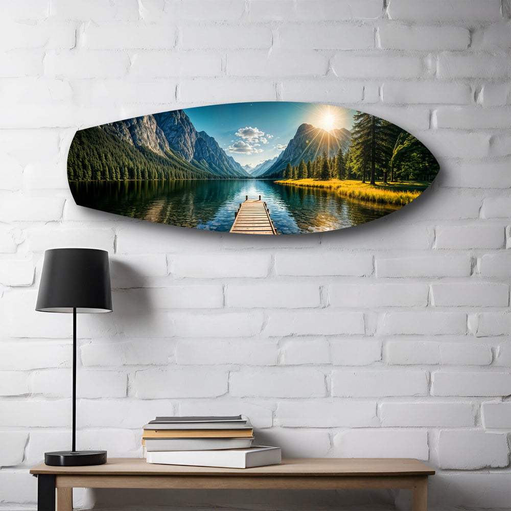 Mountain Lake Dock Sunrise Glass Wall Art.