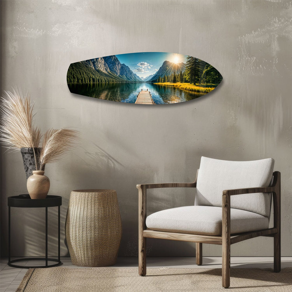Mountain Lake Dock Sunrise Glass Wall Art.