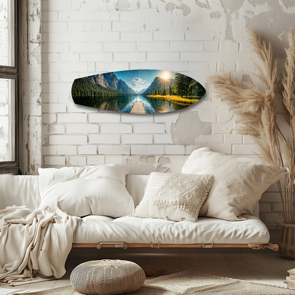 Mountain Lake Dock Sunrise Glass Wall Art.