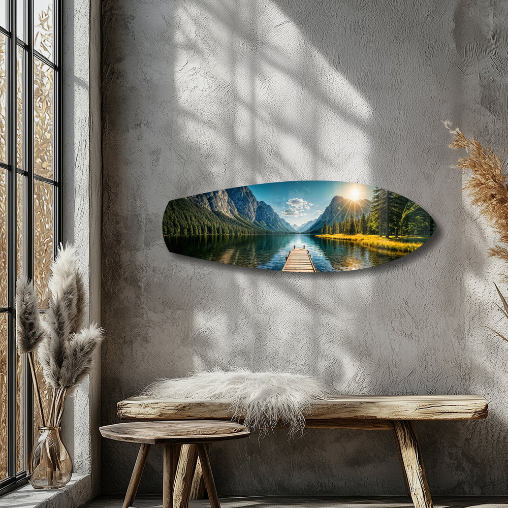 Mountain Lake Dock Sunrise Glass Wall Art.