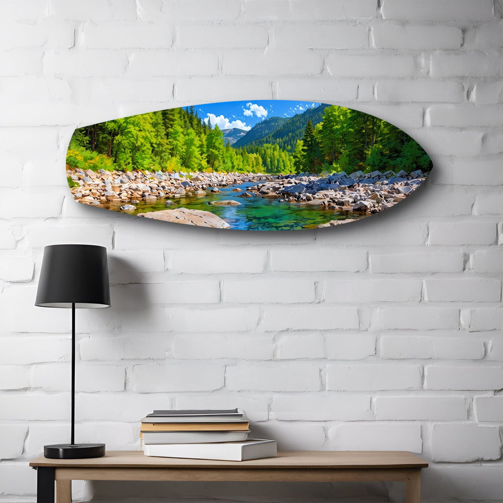 Mountain River Forest Landscape Glass Wall Art.