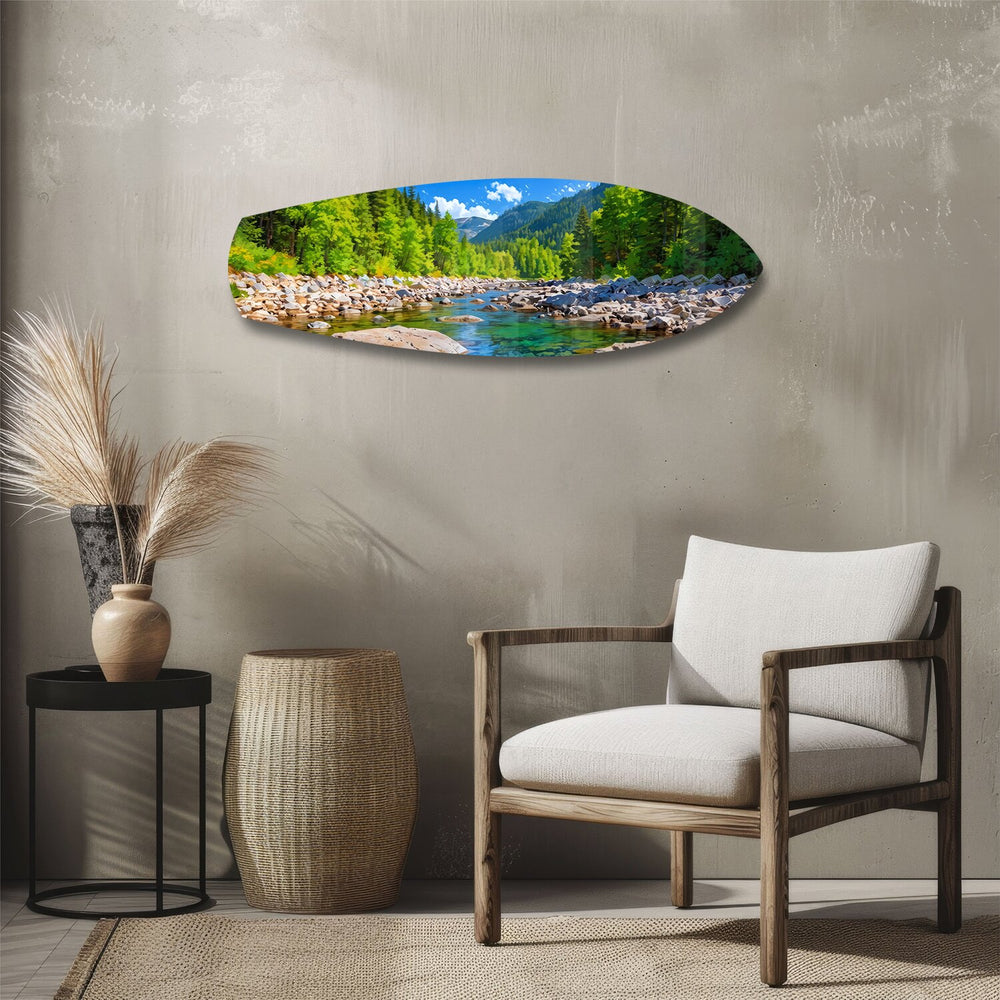 Mountain River Forest Landscape Glass Wall Art.