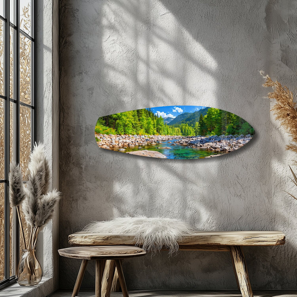 Mountain River Forest Landscape Glass Wall Art.
