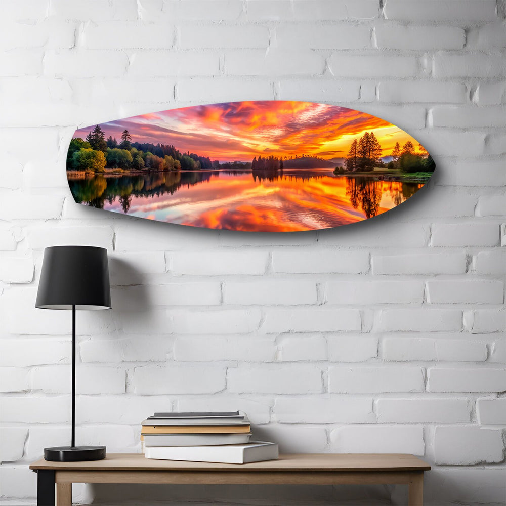 Fiery Lake Sunset Reflection Glass Wall Art.
