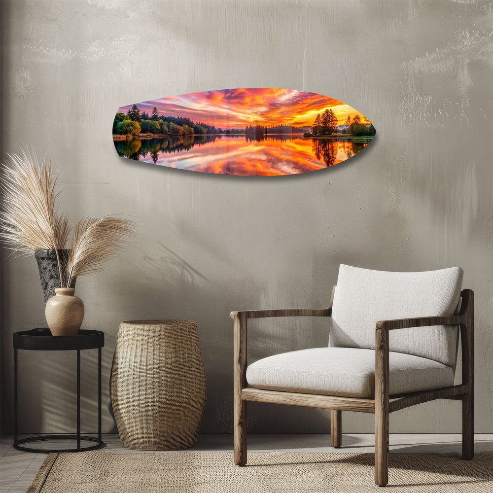 Fiery Lake Sunset Reflection Glass Wall Art.