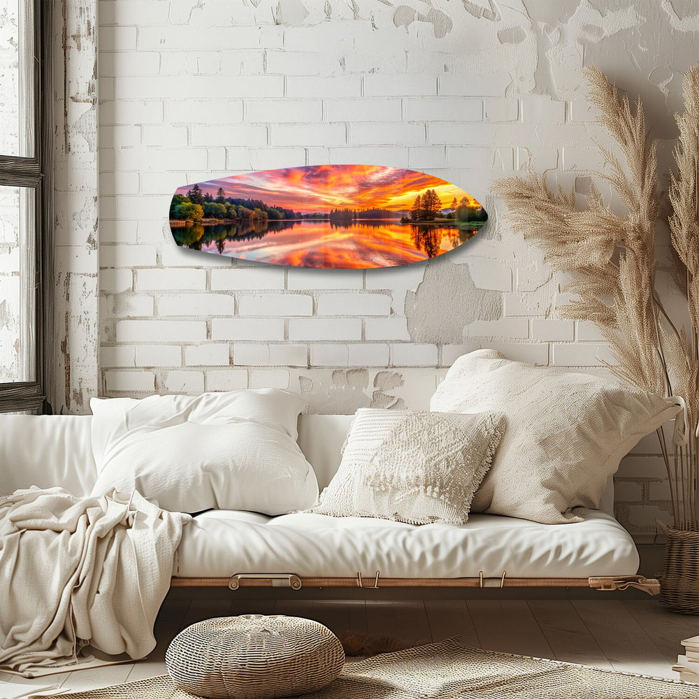 Fiery Lake Sunset Reflection Glass Wall Art.
