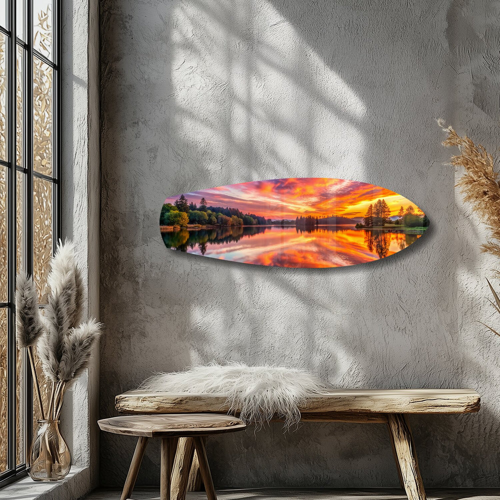 Fiery Lake Sunset Reflection Glass Wall Art.
