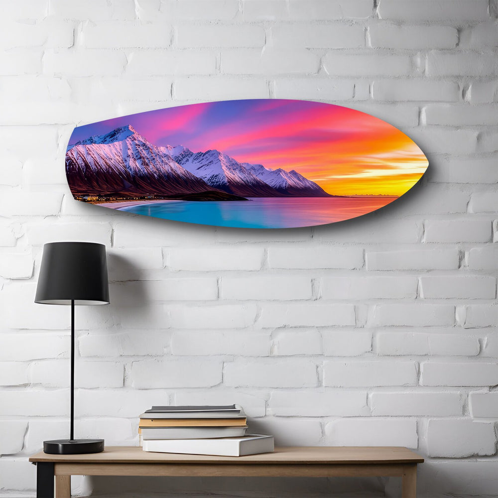 Snowy Mountains Pastel Sunset Glass Wall Art.