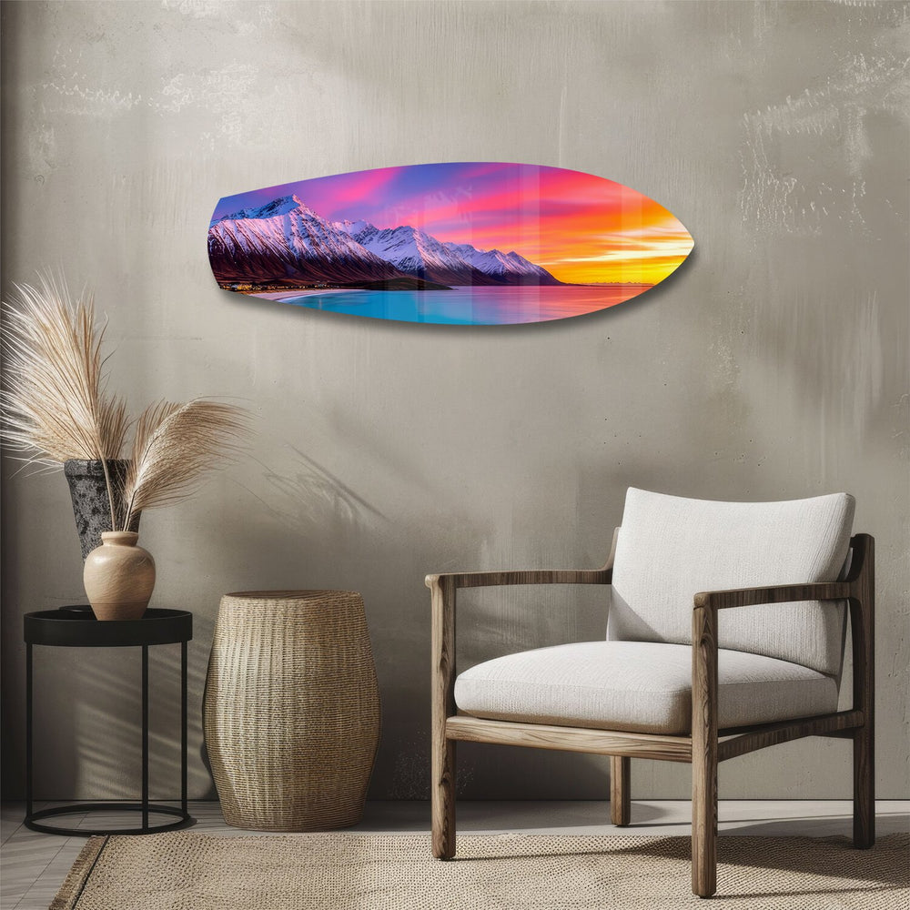 Snowy Mountains Pastel Sunset Glass Wall Art.