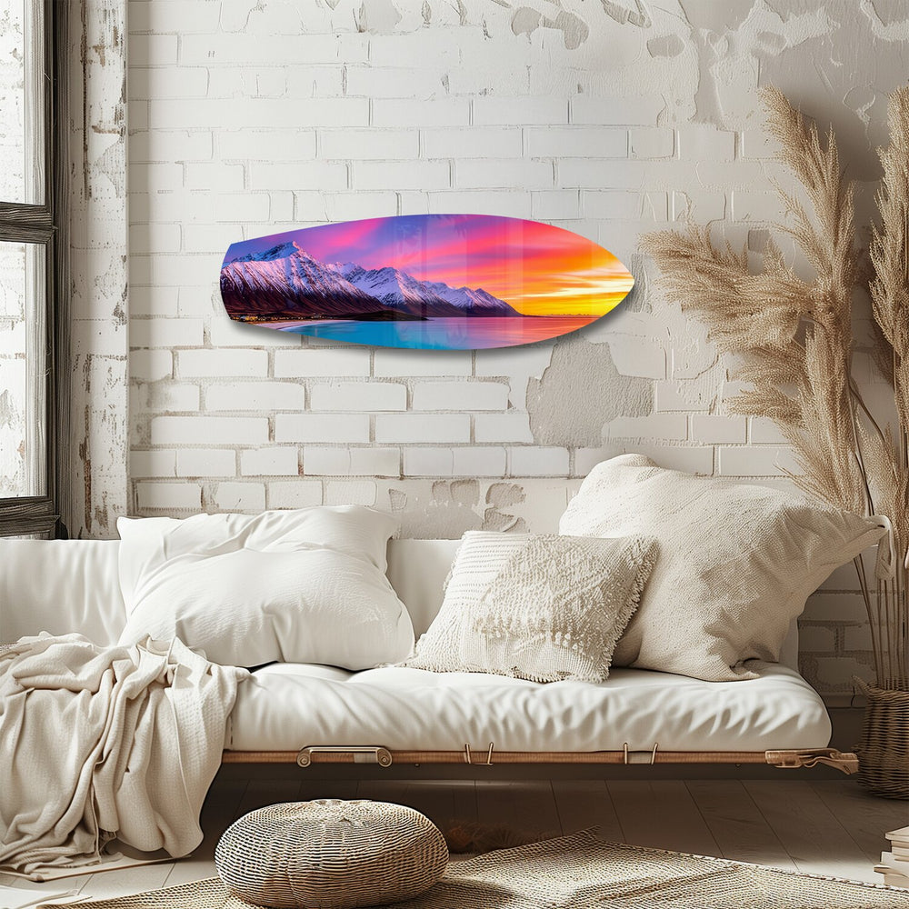 Snowy Mountains Pastel Sunset Glass Wall Art.