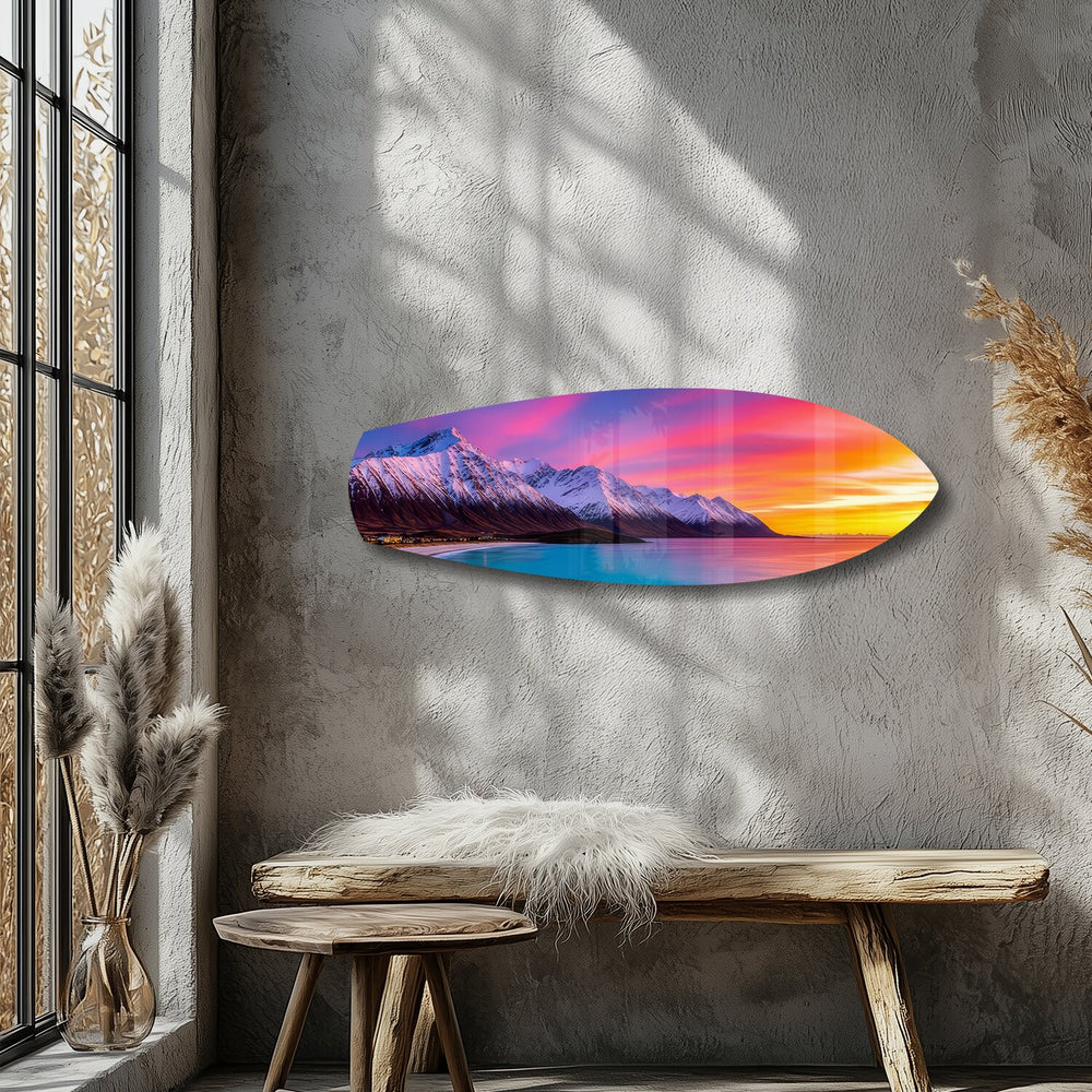 Snowy Mountains Pastel Sunset Glass Wall Art.