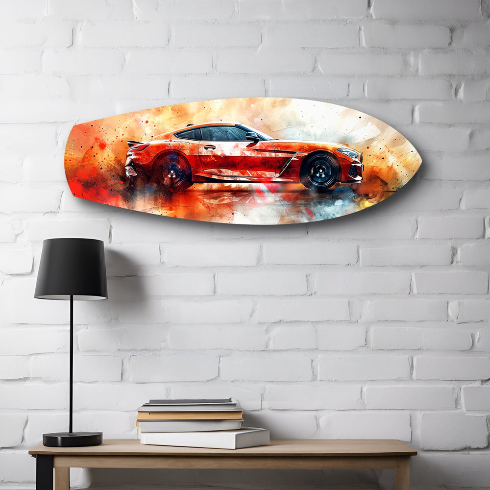 Orange Sports Car Watercolor Glass Wall Art.