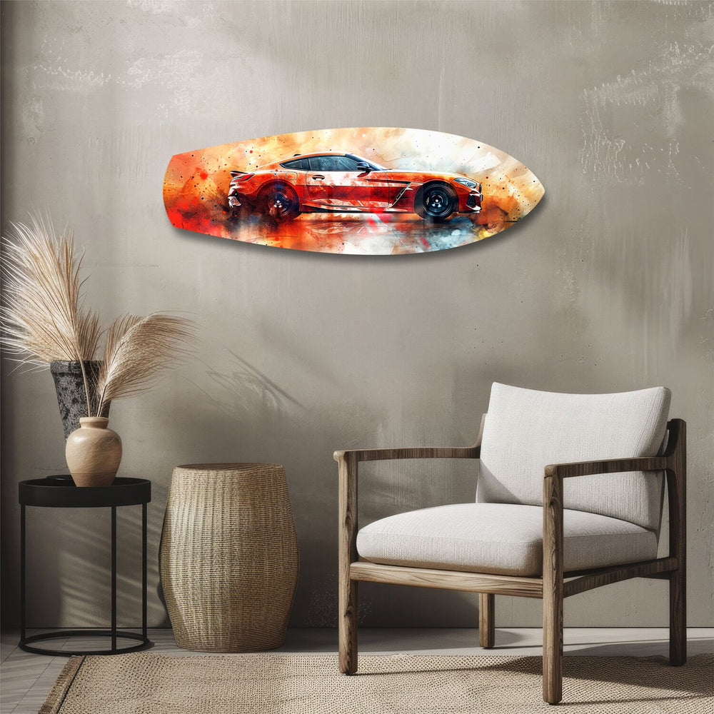 Orange Sports Car Watercolor Glass Wall Art.