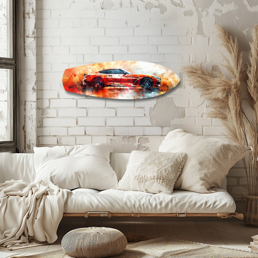 Orange Sports Car Watercolor Glass Wall Art.