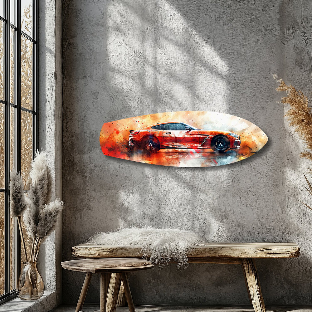 Orange Sports Car Watercolor Glass Wall Art.