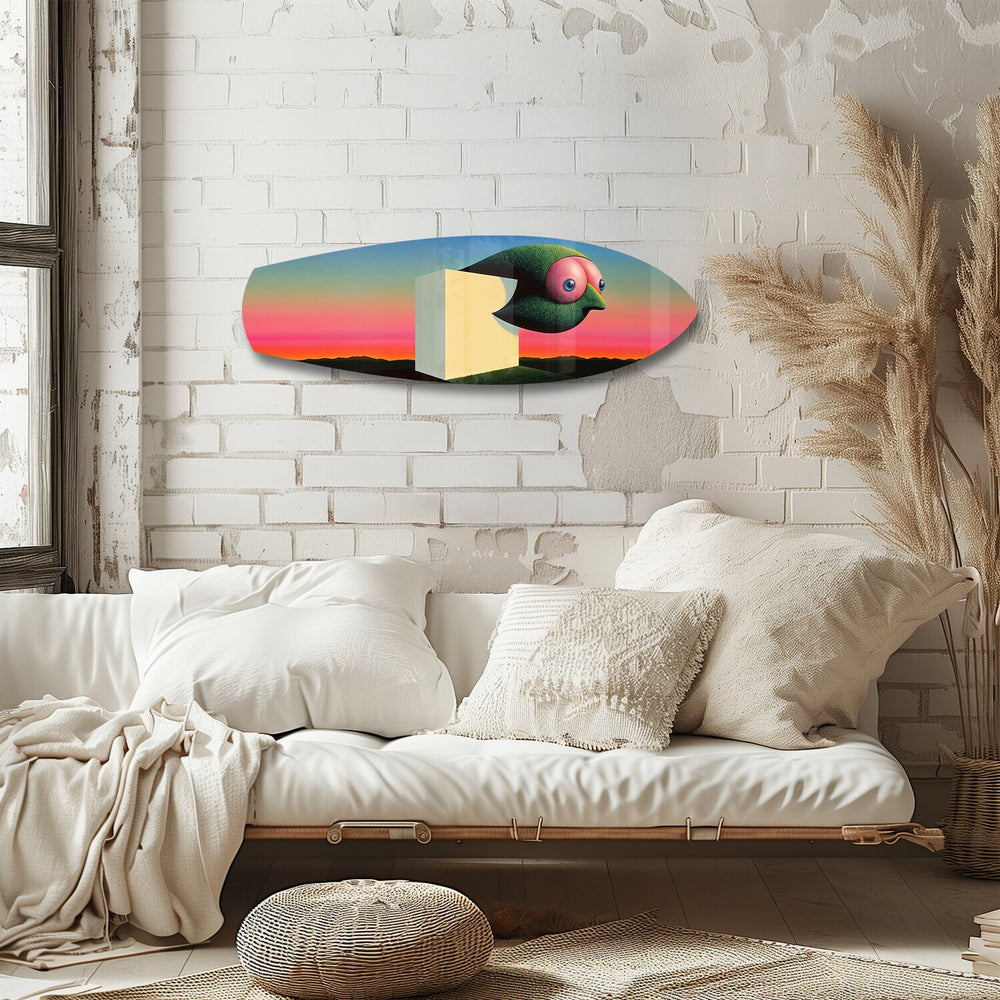 Surreal Bird Cube Sunset Glass Wall Art.