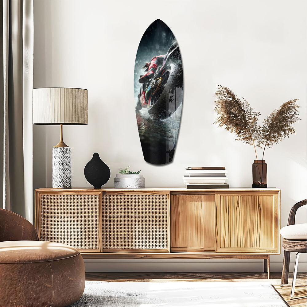 Motorcycle Speed Rain Close-Up Tempered Glass Wall Art.