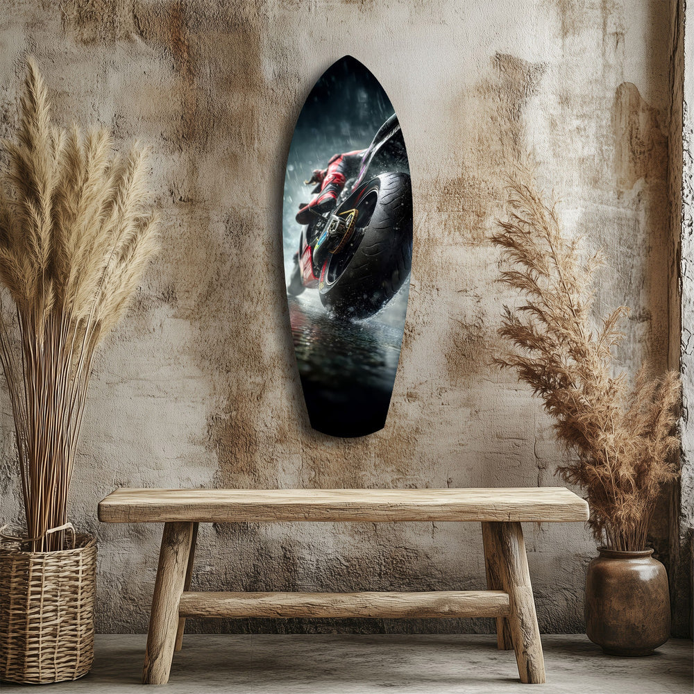 Motorcycle Speed Rain Close-Up Tempered Glass Wall Art.