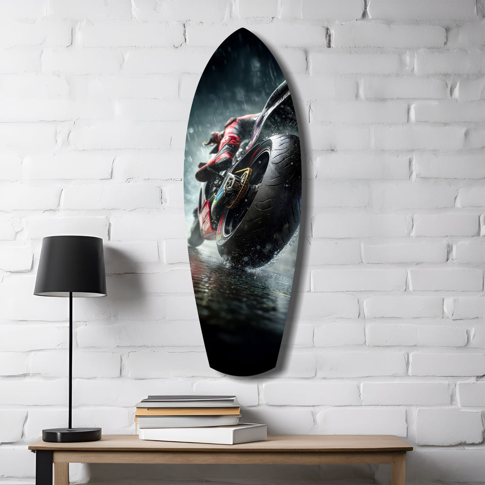 Motorcycle Speed Rain Close-Up Tempered Glass Wall Art.